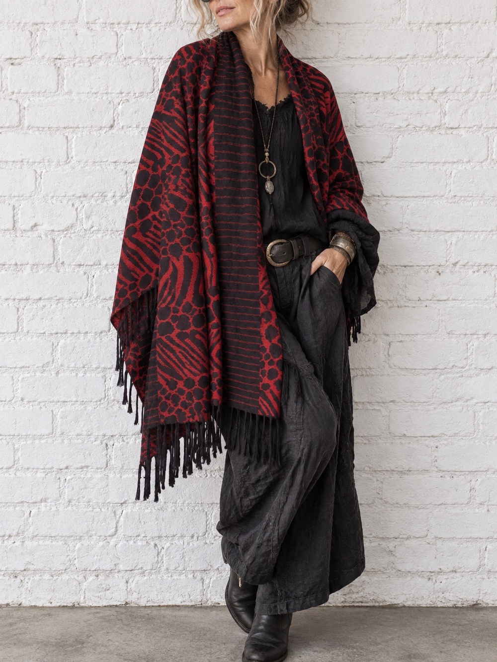 Red Black Animal Print Wrap Scarf Fringe Lagenlook Artsy Maximalist Statement